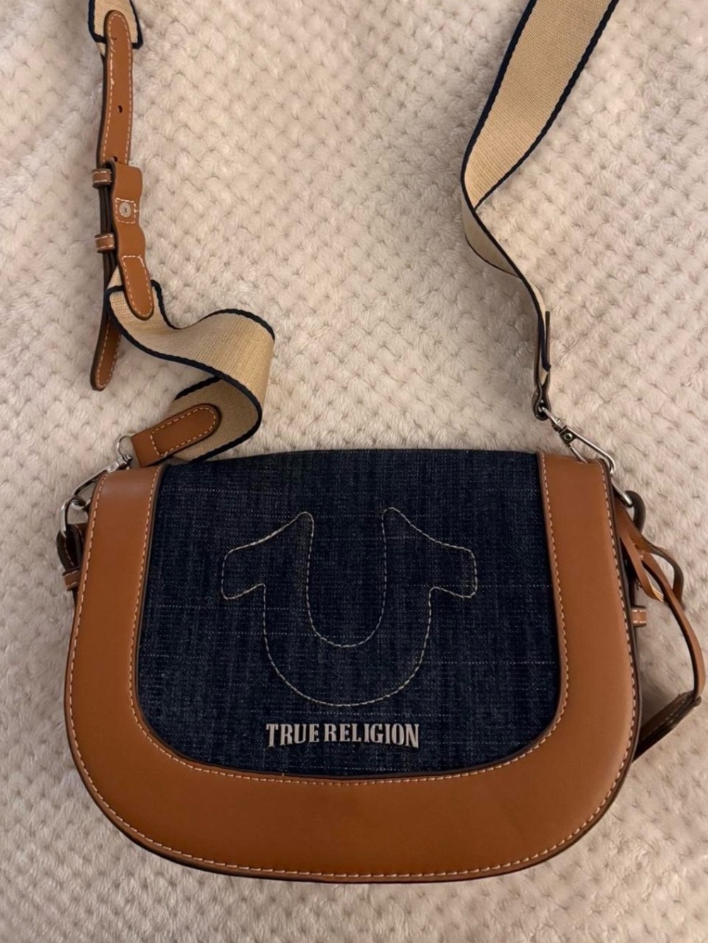 True Religion Denim and Tan Leather Crossbody Bag